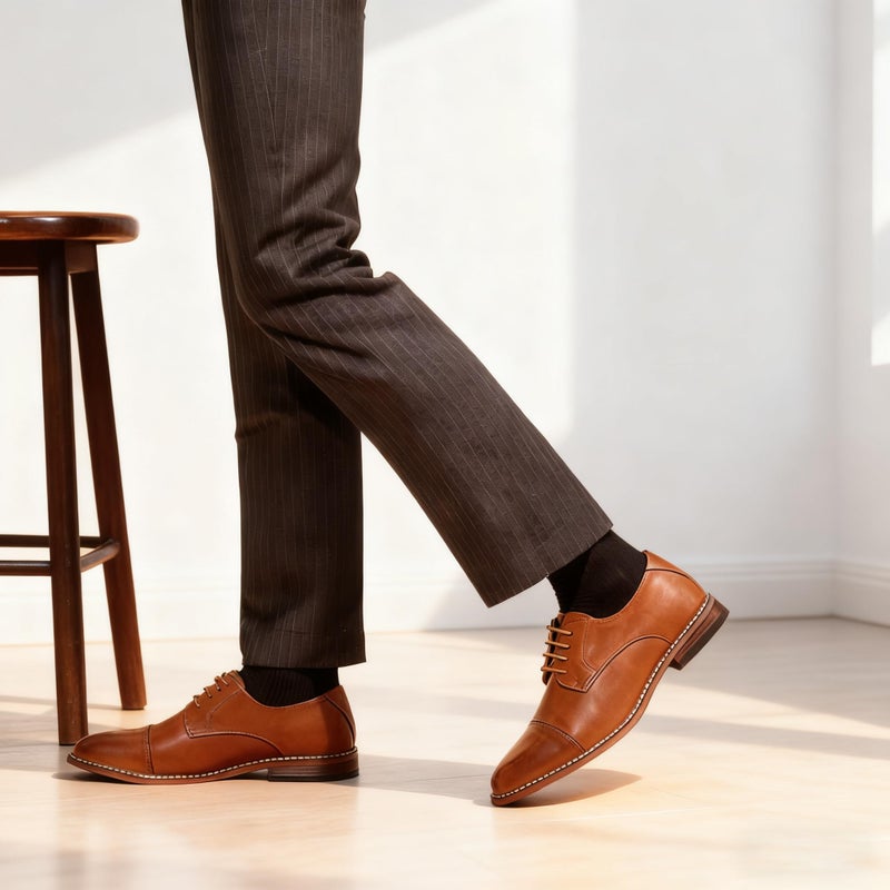 Vostey Men's Dress Shoes Classic Formal Business Cap Toe Oxfords Lace Up Derby Shoes (BMY703 Yellow Brown 11.5) - Image 1